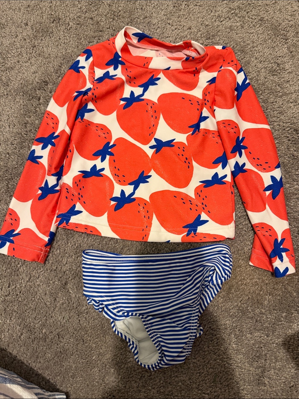 Carter's Girls' Strawberry Print Rash Guard and Blue Striped Swim Bottoms
